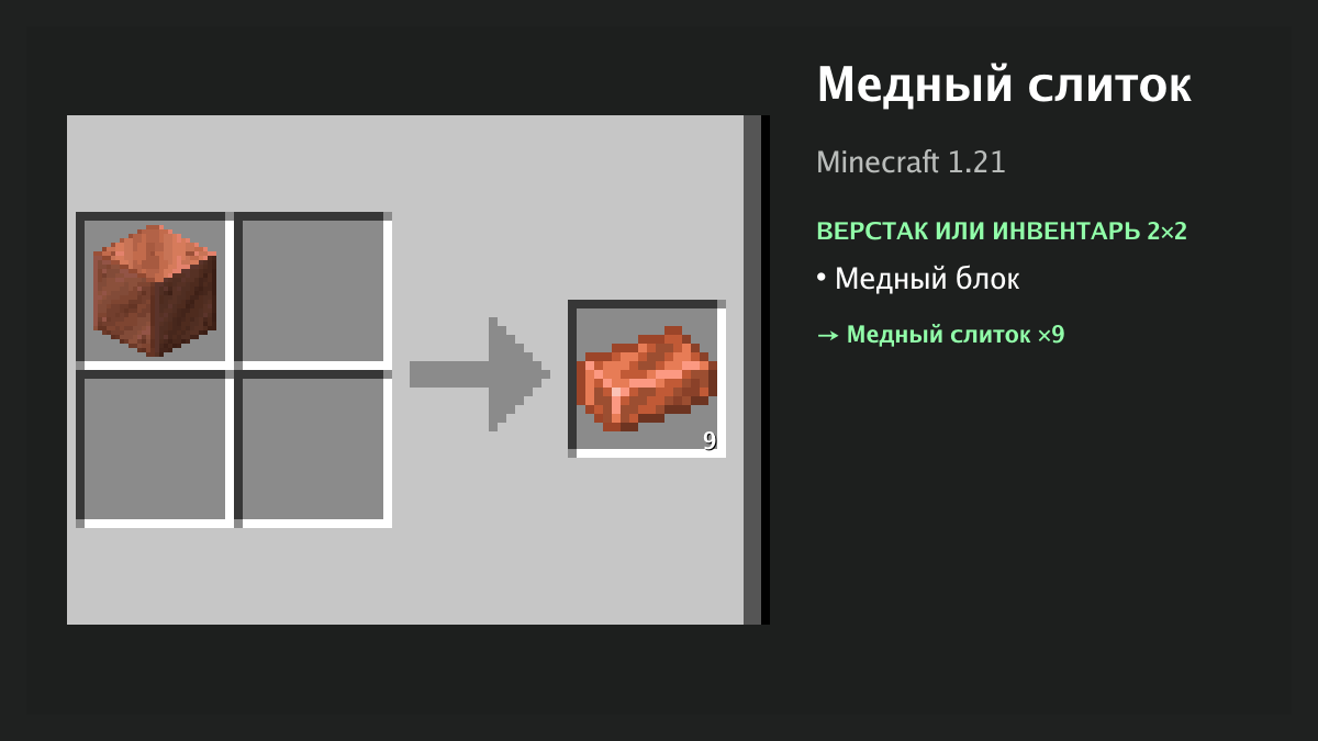 Рецепт: медный слиток в Minecraft — медный блок (верстак или инвентарь 2×2)