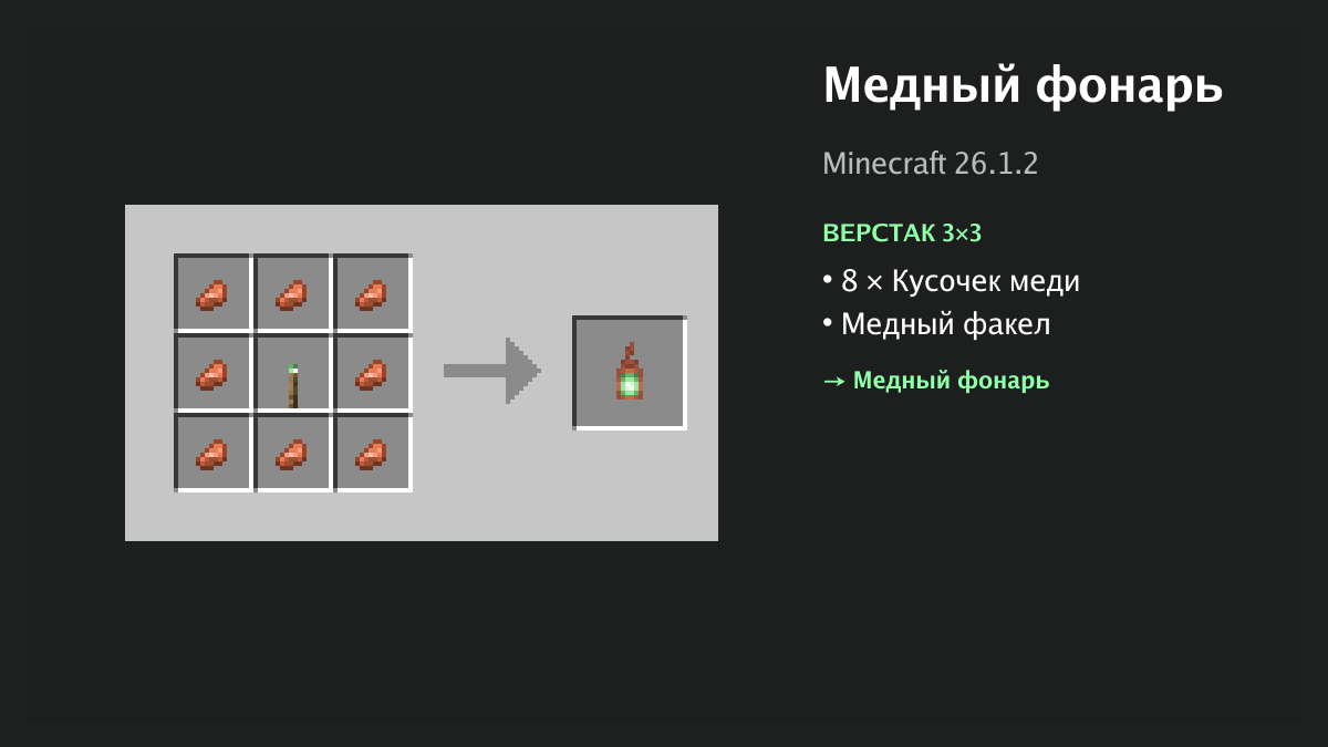 Рецепт: медный фонарь в Minecraft — 8 × кусочек меди, медный факел (верстак 3×3)