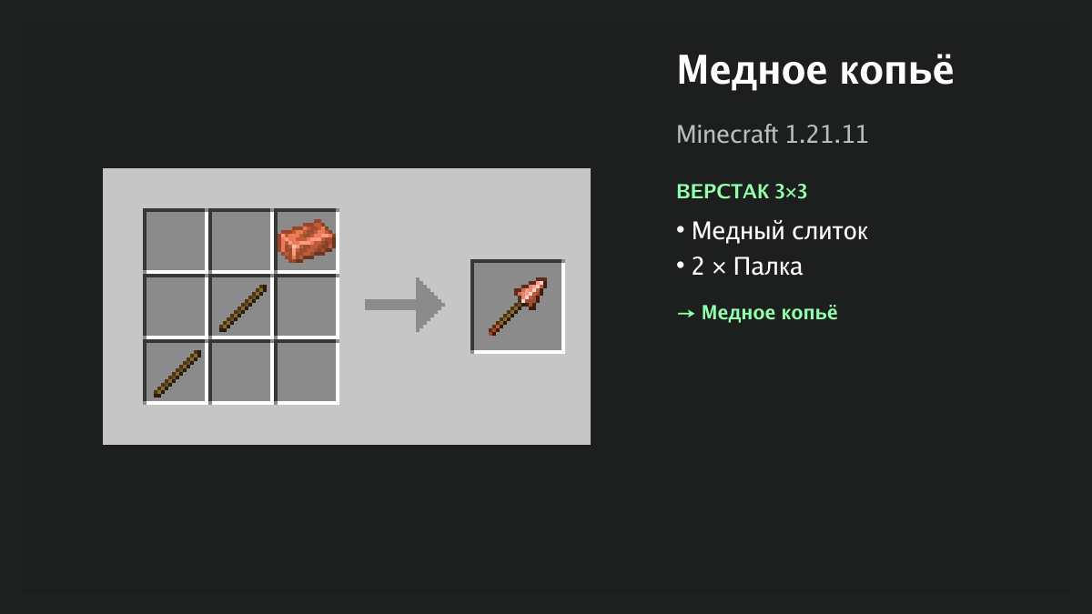 Рецепт: медное копьё в Minecraft — медный слиток, 2 × палка (верстак 3×3)