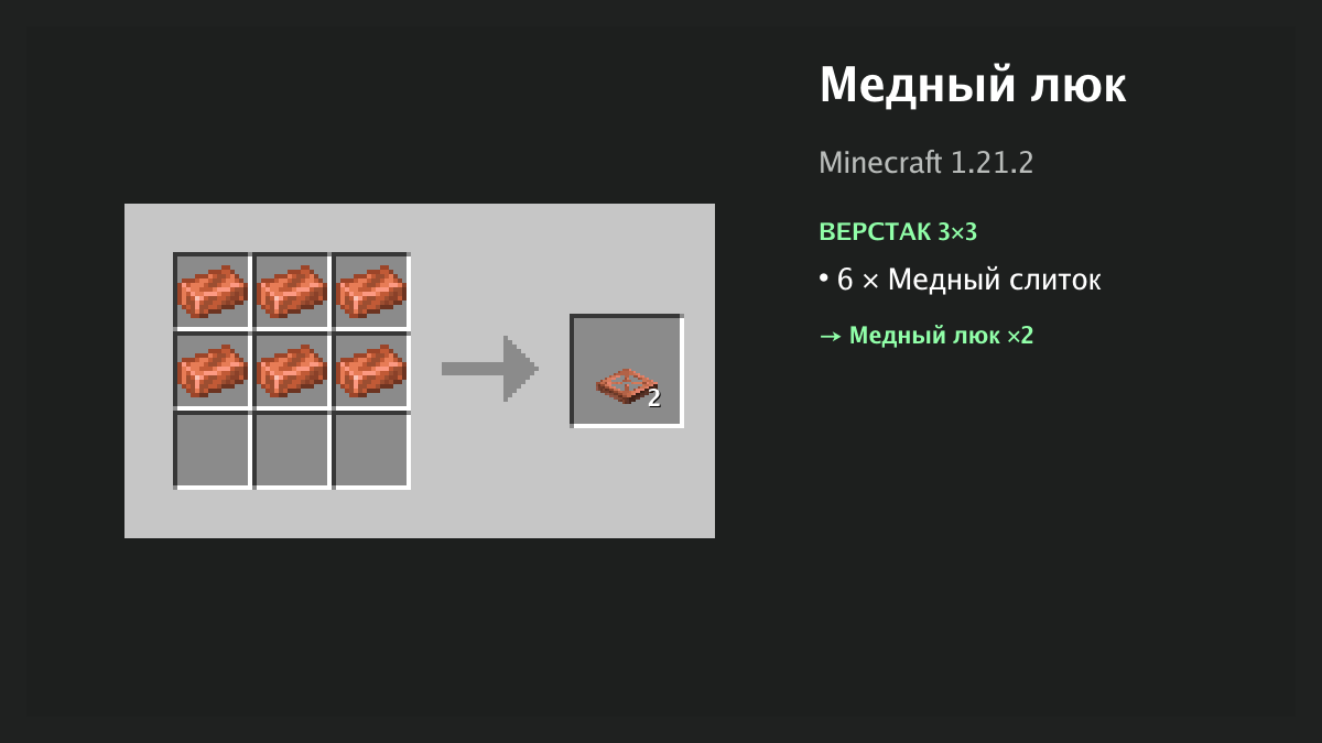Рецепт: медный люк в Minecraft — 6 × медный слиток (верстак 3×3)