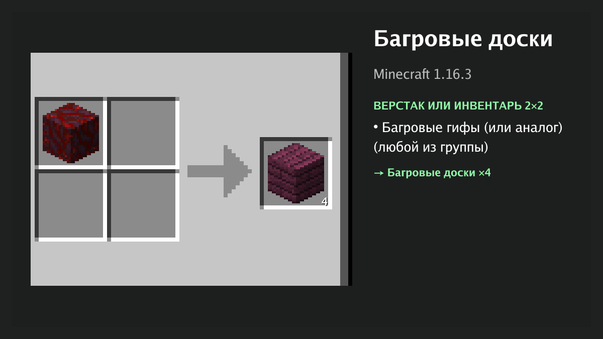 Рецепт: багровые доски в Minecraft — багровые гифы (или аналог) (верстак или инвентарь 2×2)