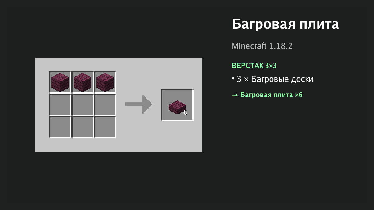 Рецепт: багровая плита в Minecraft — 3 × багровые доски (верстак 3×3)