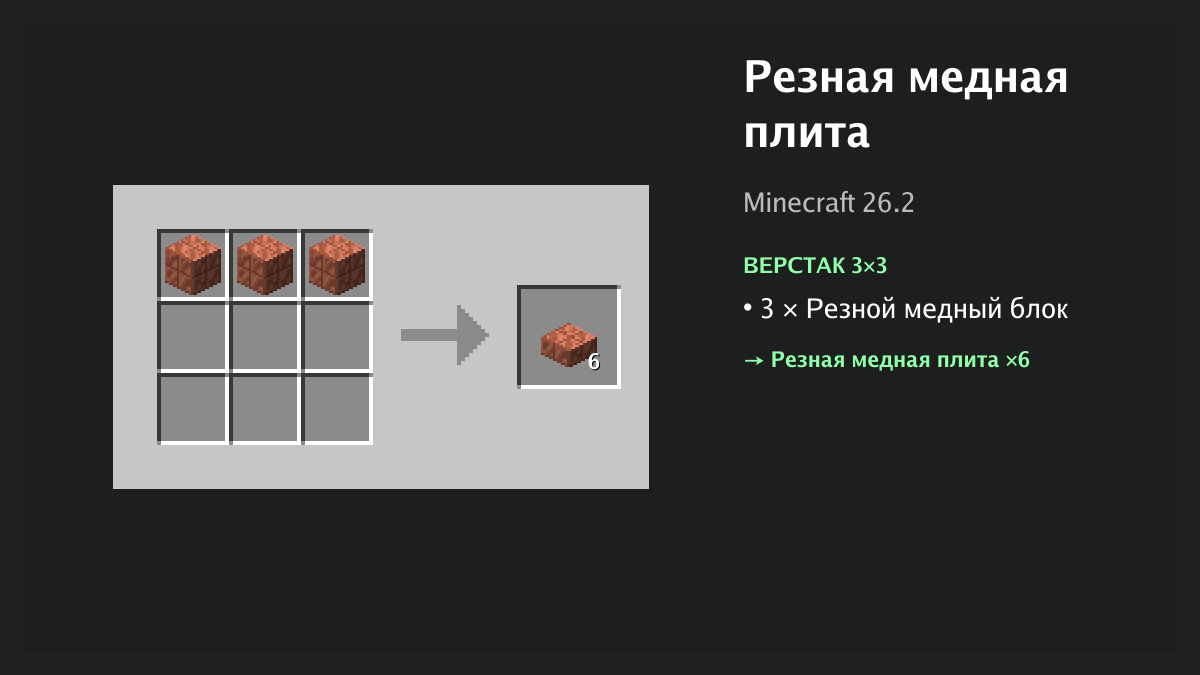 Рецепт: резная медная плита в Minecraft — 3 × резной медный блок (верстак 3×3)