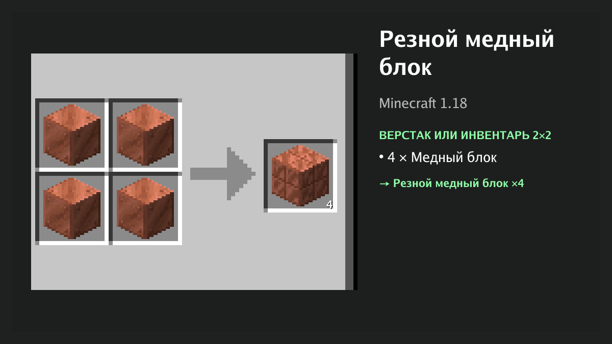 Рецепт: резной медный блок в Minecraft — 4 × медный блок (верстак или инвентарь 2×2)