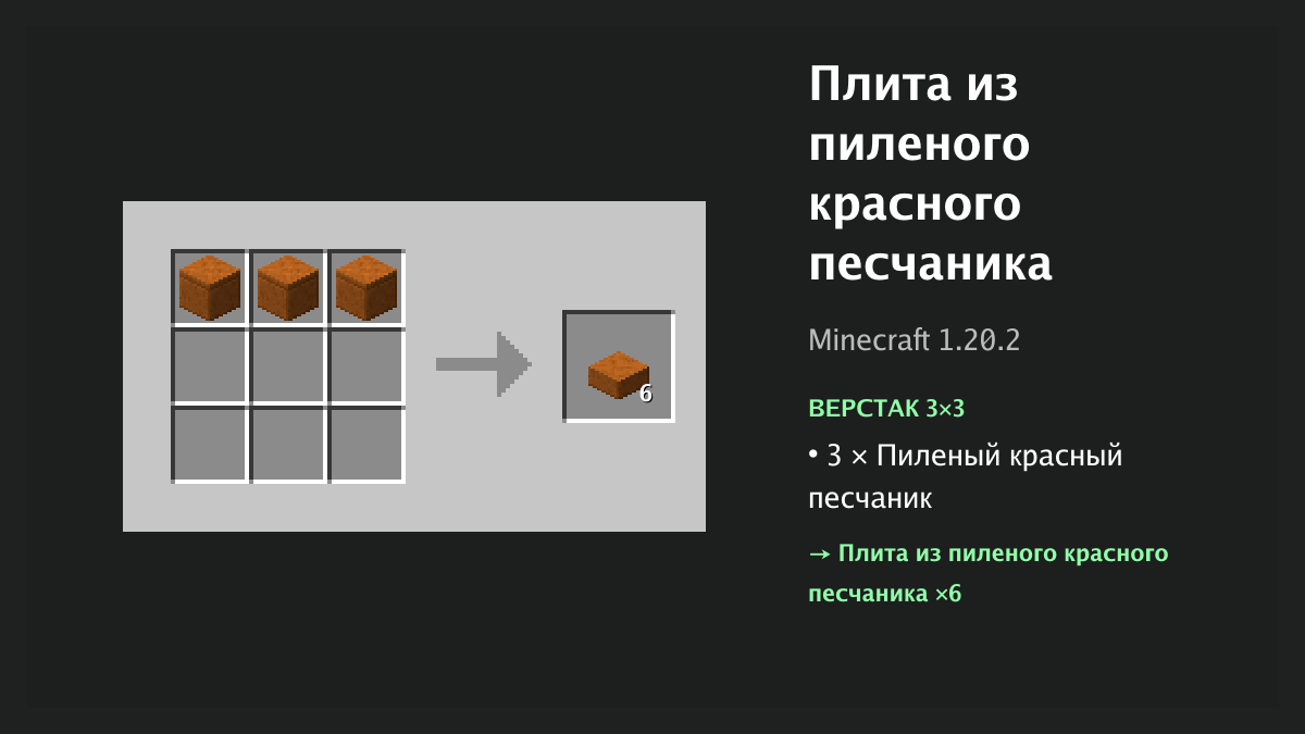 Рецепт: плита из пиленого красного песчаника в Minecraft — 3 × пиленый красный песчаник (верстак 3×3)