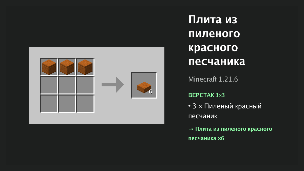 Рецепт: плита из пиленого красного песчаника в Minecraft — 3 × пиленый красный песчаник (верстак 3×3)