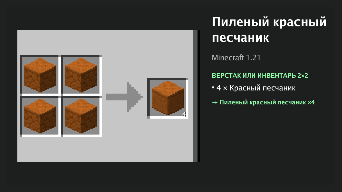 Рецепт: пиленый красный песчаник в Minecraft — 4 × красный песчаник (верстак или инвентарь 2×2)