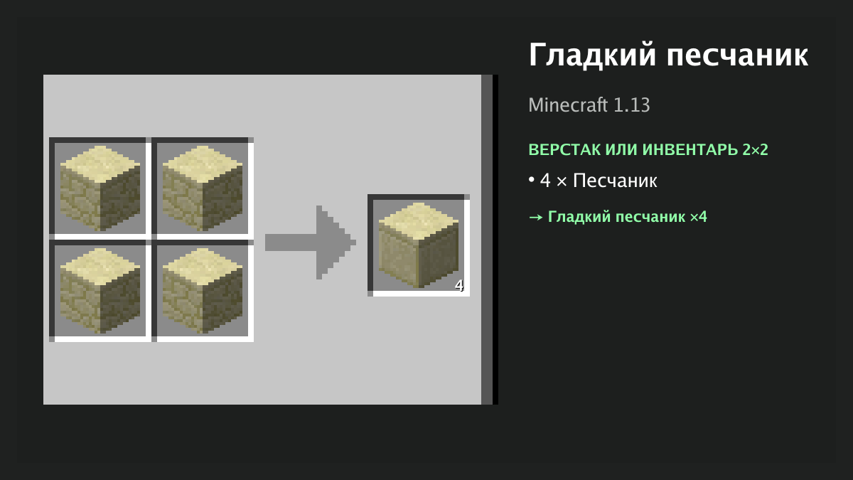 Рецепт: гладкий песчаник в Minecraft — 4 × песчаник (верстак или инвентарь 2×2)