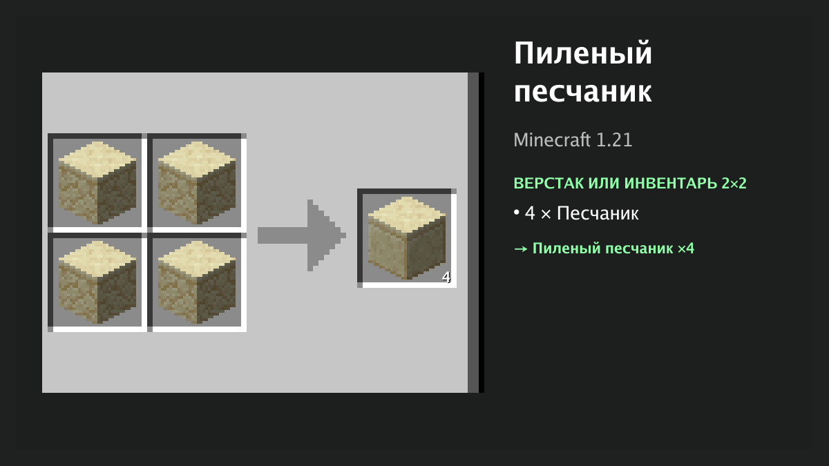 Рецепт: пиленый песчаник в Minecraft — 4 × песчаник (верстак или инвентарь 2×2)