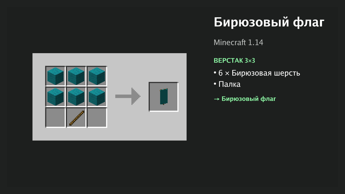 Рецепт: бирюзовый флаг в Minecraft — 6 × бирюзовая шерсть, палка (верстак 3×3)
