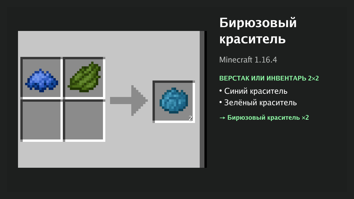 Рецепт: бирюзовый краситель в Minecraft — синий краситель, зелёный краситель (верстак или инвентарь 2×2)