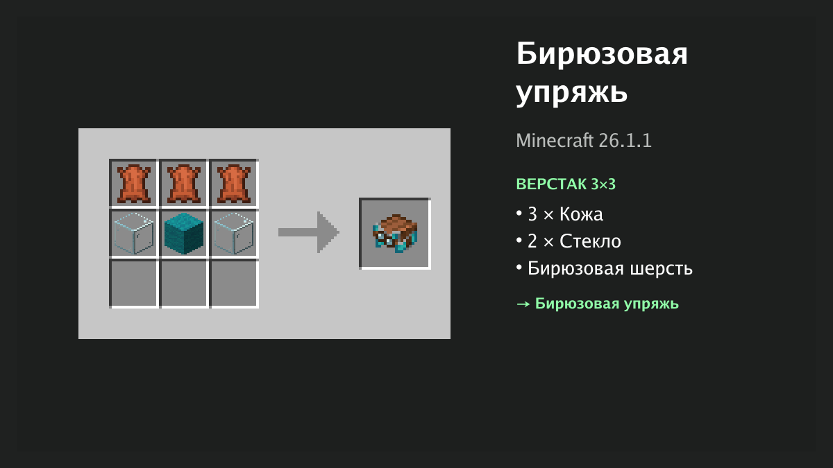 Рецепт: бирюзовая упряжь в Minecraft — 3 × кожа, 2 × стекло, бирюзовая шерсть (верстак 3×3)