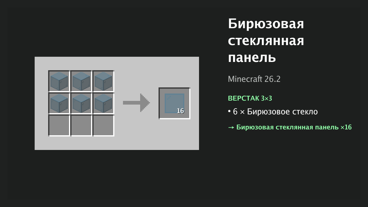 Рецепт: бирюзовая стеклянная панель в Minecraft — 6 × бирюзовое стекло (верстак 3×3)