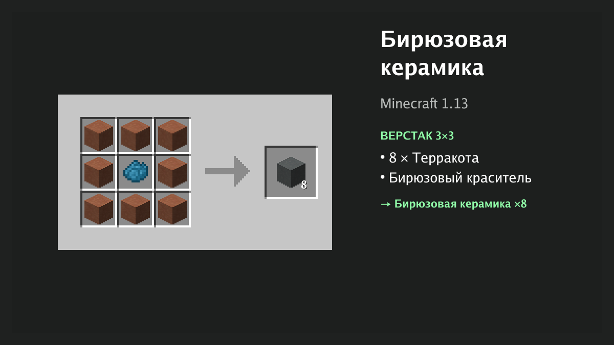 Рецепт: бирюзовая керамика в Minecraft — 8 × терракота, бирюзовый краситель (верстак 3×3)