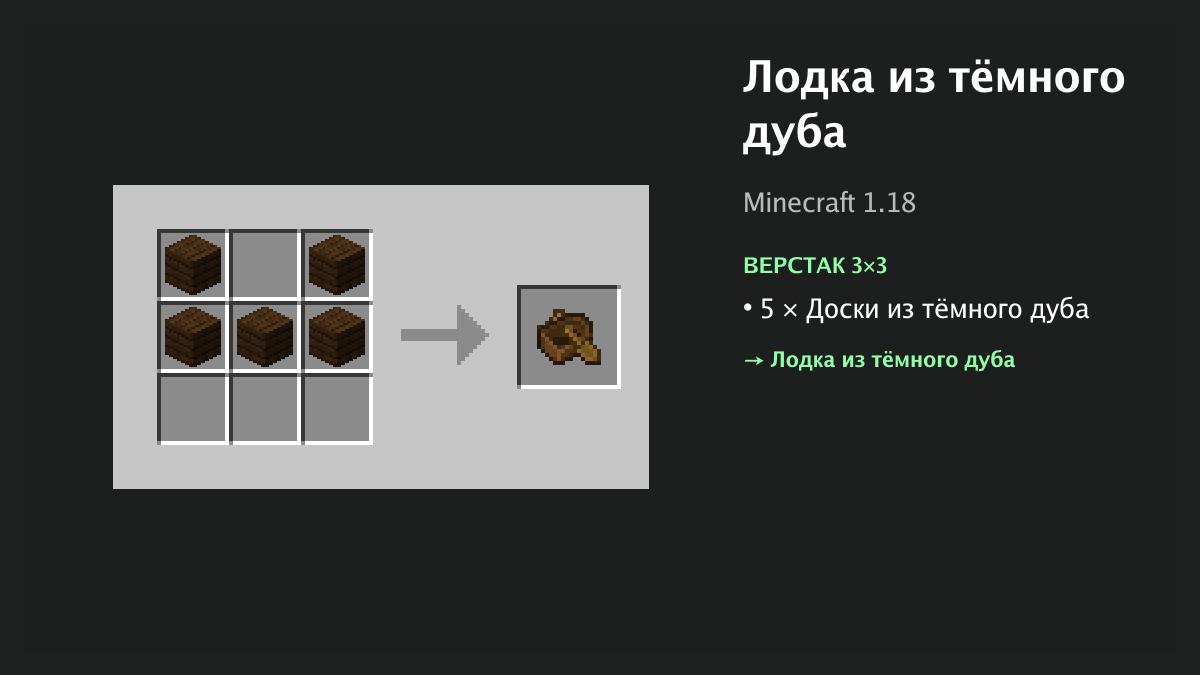 Рецепт: лодка из тёмного дуба в Minecraft — 5 × доски из тёмного дуба (верстак 3×3)