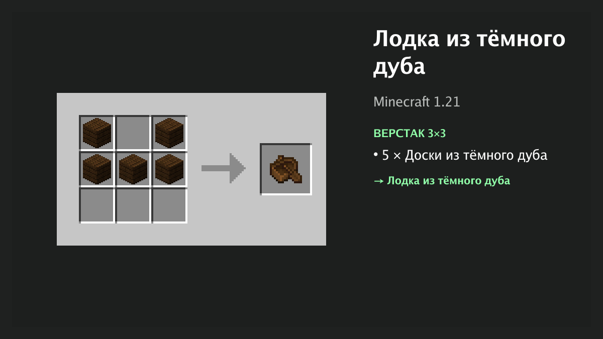 Рецепт: лодка из тёмного дуба в Minecraft — 5 × доски из тёмного дуба (верстак 3×3)
