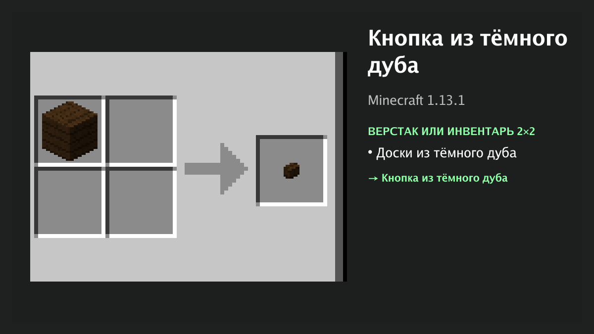 Рецепт: кнопка из тёмного дуба в Minecraft — доски из тёмного дуба (верстак или инвентарь 2×2)