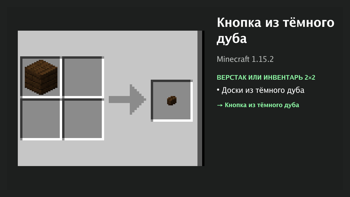 Рецепт: кнопка из тёмного дуба в Minecraft — доски из тёмного дуба (верстак или инвентарь 2×2)