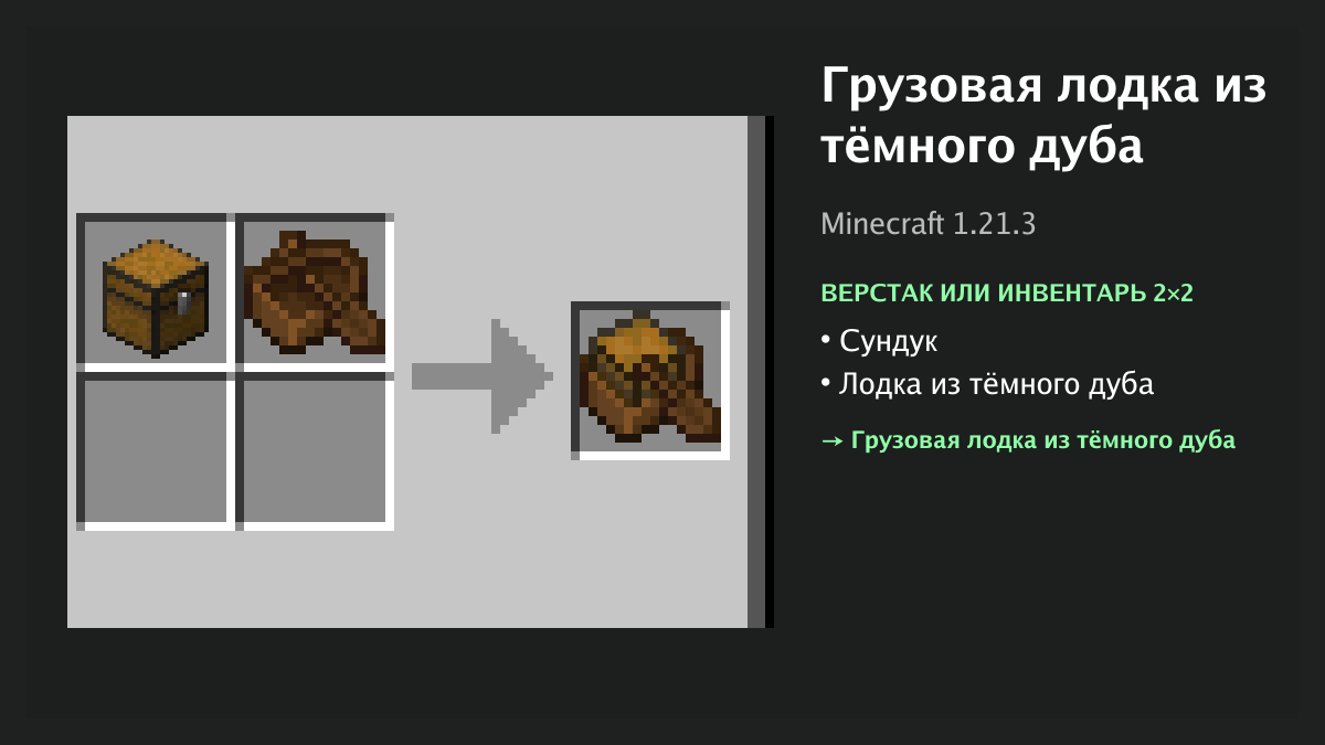 Рецепт: грузовая лодка из тёмного дуба в Minecraft — сундук, лодка из тёмного дуба (верстак или инвентарь 2×2)