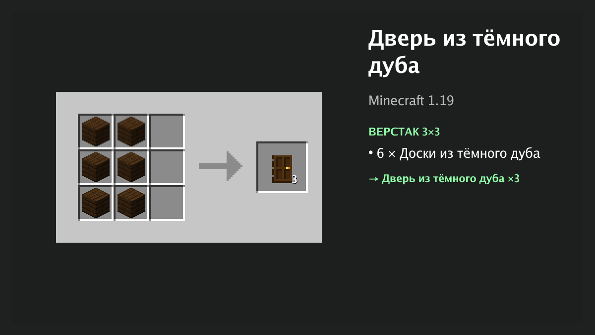 Рецепт: дверь из тёмного дуба в Minecraft — 6 × доски из тёмного дуба (верстак 3×3)