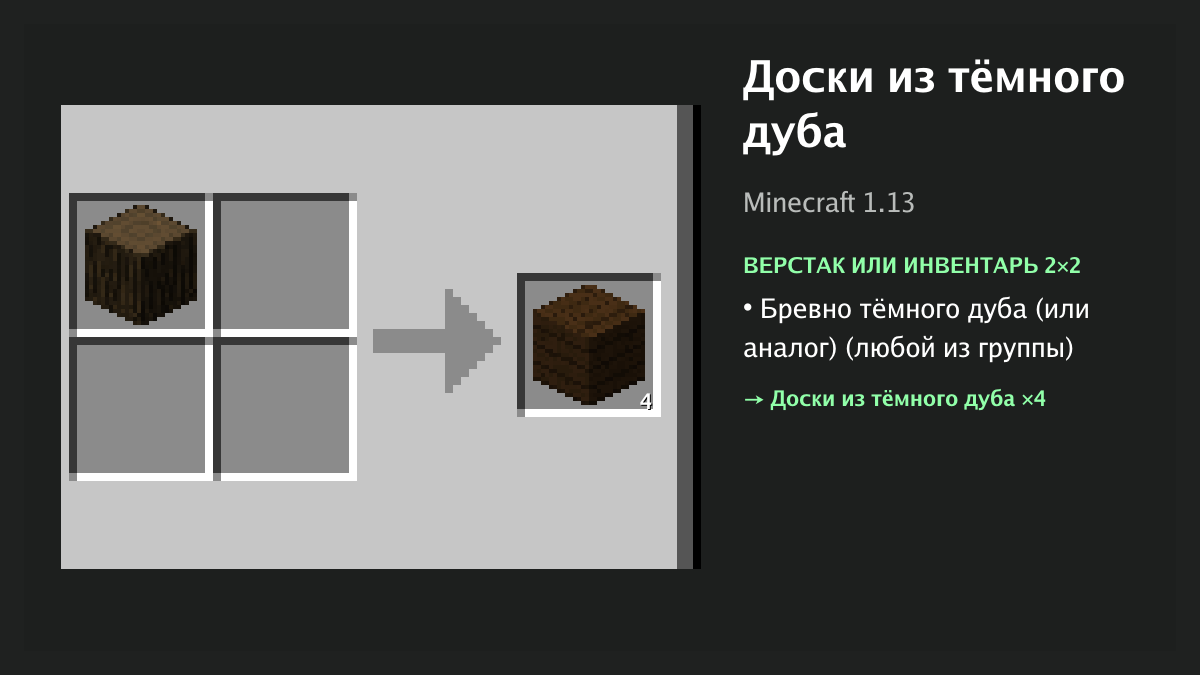 Рецепт: доски из тёмного дуба в Minecraft — бревно тёмного дуба (или аналог) (верстак или инвентарь 2×2)