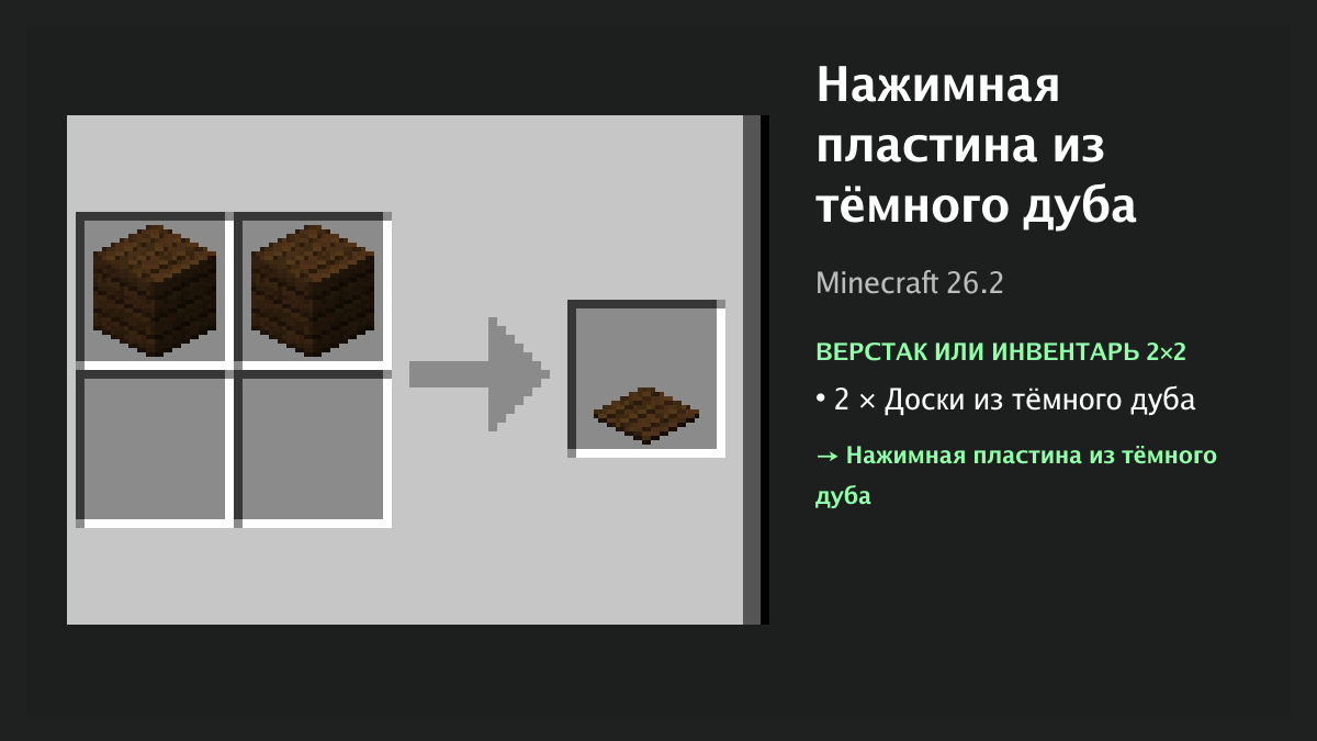 Рецепт: нажимная пластина из тёмного дуба в Minecraft — 2 × доски из тёмного дуба (верстак или инвентарь 2×2)