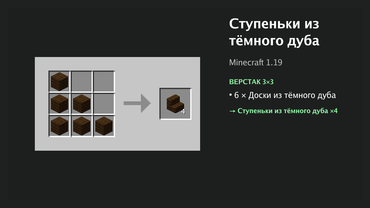 Рецепт: ступеньки из тёмного дуба в Minecraft — 6 × доски из тёмного дуба (верстак 3×3)