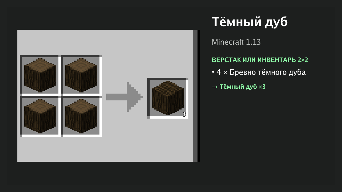 Рецепт: тёмный дуб в Minecraft — 4 × бревно тёмного дуба (верстак или инвентарь 2×2)