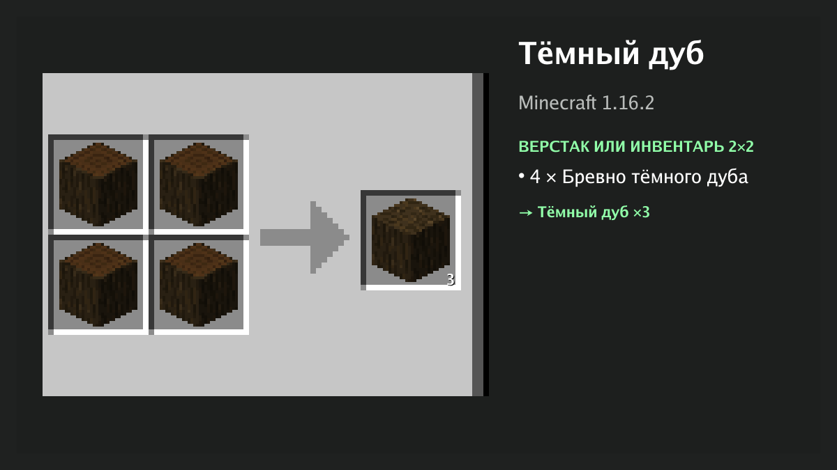 Рецепт: тёмный дуб в Minecraft — 4 × бревно тёмного дуба (верстак или инвентарь 2×2)