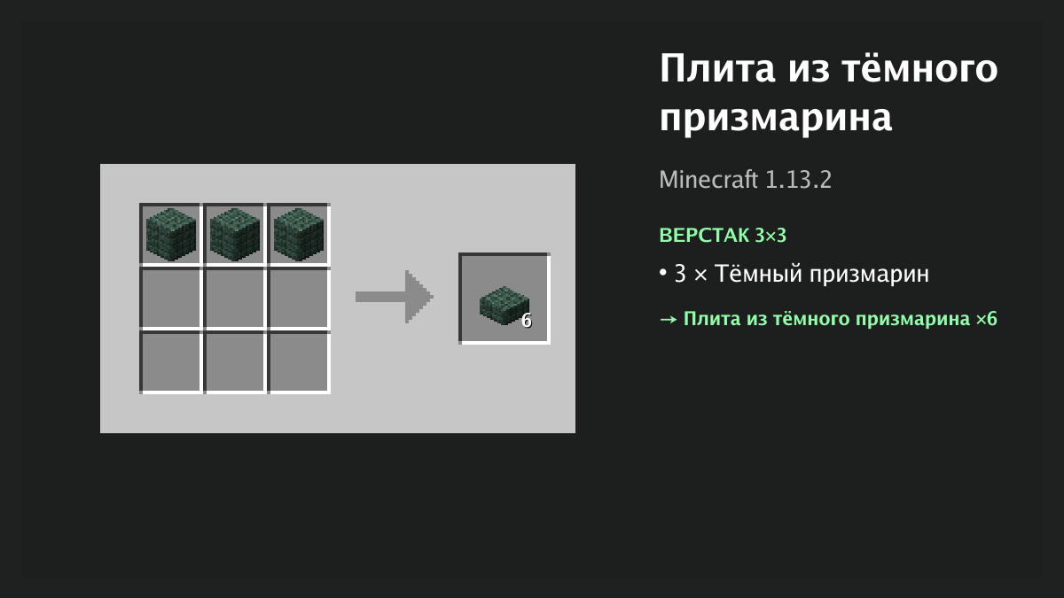 Рецепт: плита из тёмного призмарина в Minecraft — 3 × тёмный призмарин (верстак 3×3)