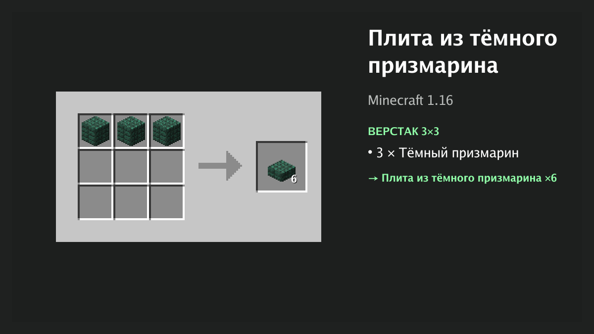 Рецепт: плита из тёмного призмарина в Minecraft — 3 × тёмный призмарин (верстак 3×3)