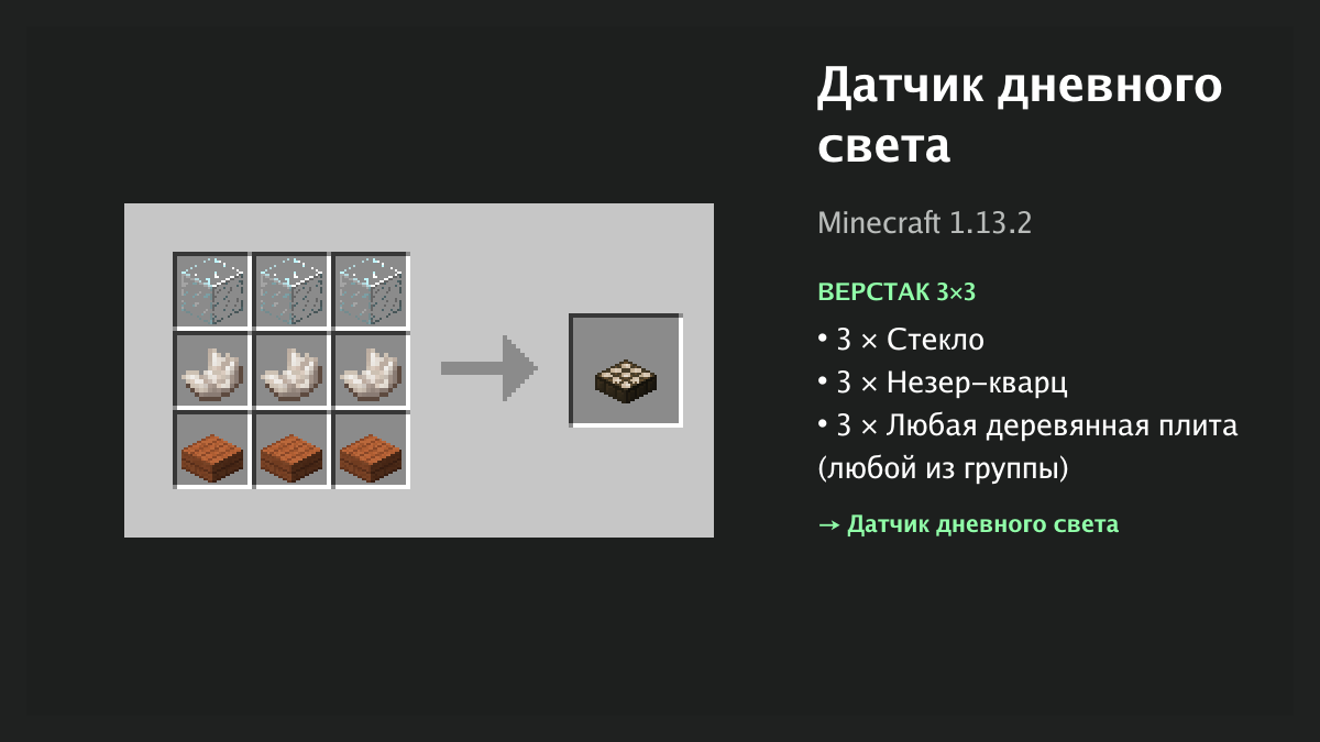 Рецепт: датчик дневного света в Minecraft — 3 × стекло, 3 × незер-кварц, 3 × любая деревянная плита (верстак 3×3)