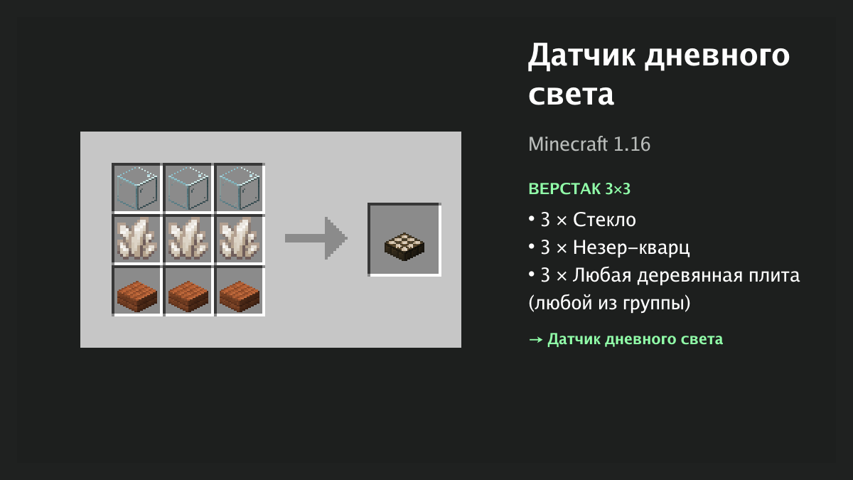 Рецепт: датчик дневного света в Minecraft — 3 × стекло, 3 × незер-кварц, 3 × любая деревянная плита (верстак 3×3)