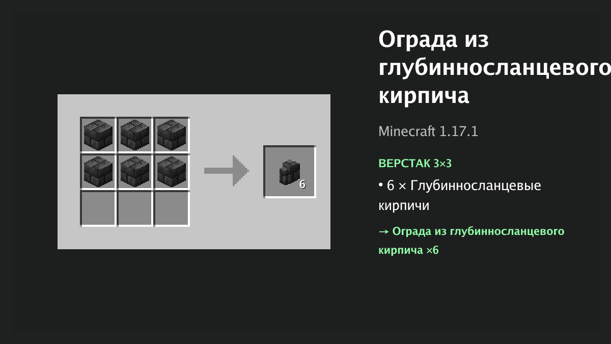 Рецепт: ограда из глубинносланцевого кирпича в Minecraft — 6 × глубинносланцевые кирпичи (верстак 3×3)