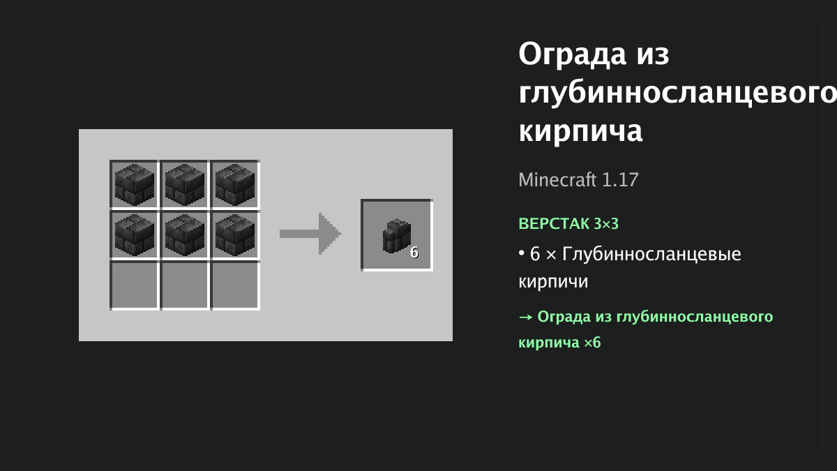Рецепт: ограда из глубинносланцевого кирпича в Minecraft — 6 × глубинносланцевые кирпичи (верстак 3×3)