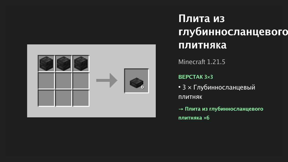 Рецепт: плита из глубинносланцевого плитняка в Minecraft — 3 × глубинносланцевый плитняк (верстак 3×3)