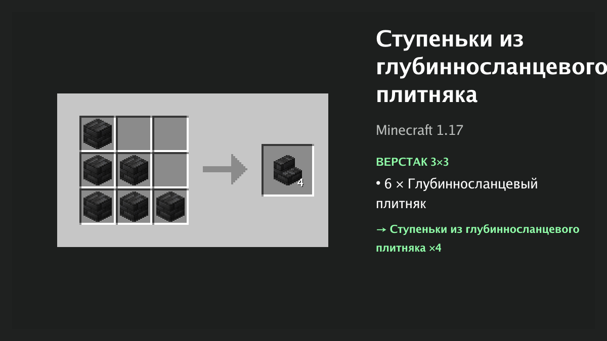 Рецепт: ступеньки из глубинносланцевого плитняка в Minecraft — 6 × глубинносланцевый плитняк (верстак 3×3)