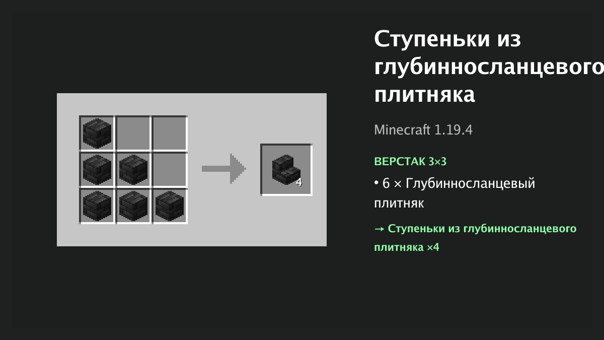 Рецепт: ступеньки из глубинносланцевого плитняка в Minecraft — 6 × глубинносланцевый плитняк (верстак 3×3)