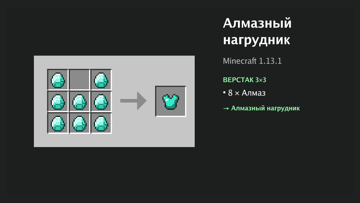 Рецепт: алмазный нагрудник в Minecraft — 8 × алмаз (верстак 3×3)