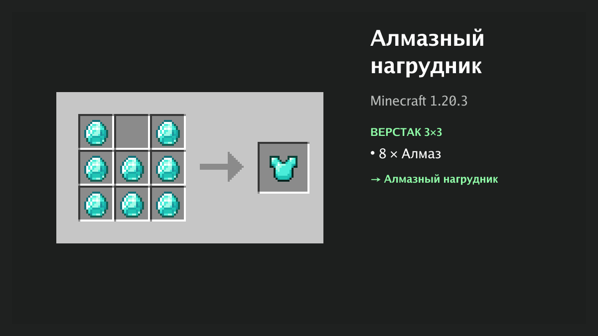 Рецепт: алмазный нагрудник в Minecraft — 8 × алмаз (верстак 3×3)