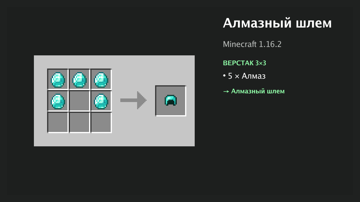 Рецепт: алмазный шлем в Minecraft — 5 × алмаз (верстак 3×3)