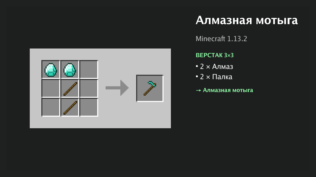 Рецепт: алмазная мотыга в Minecraft — 2 × алмаз, 2 × палка (верстак 3×3)
