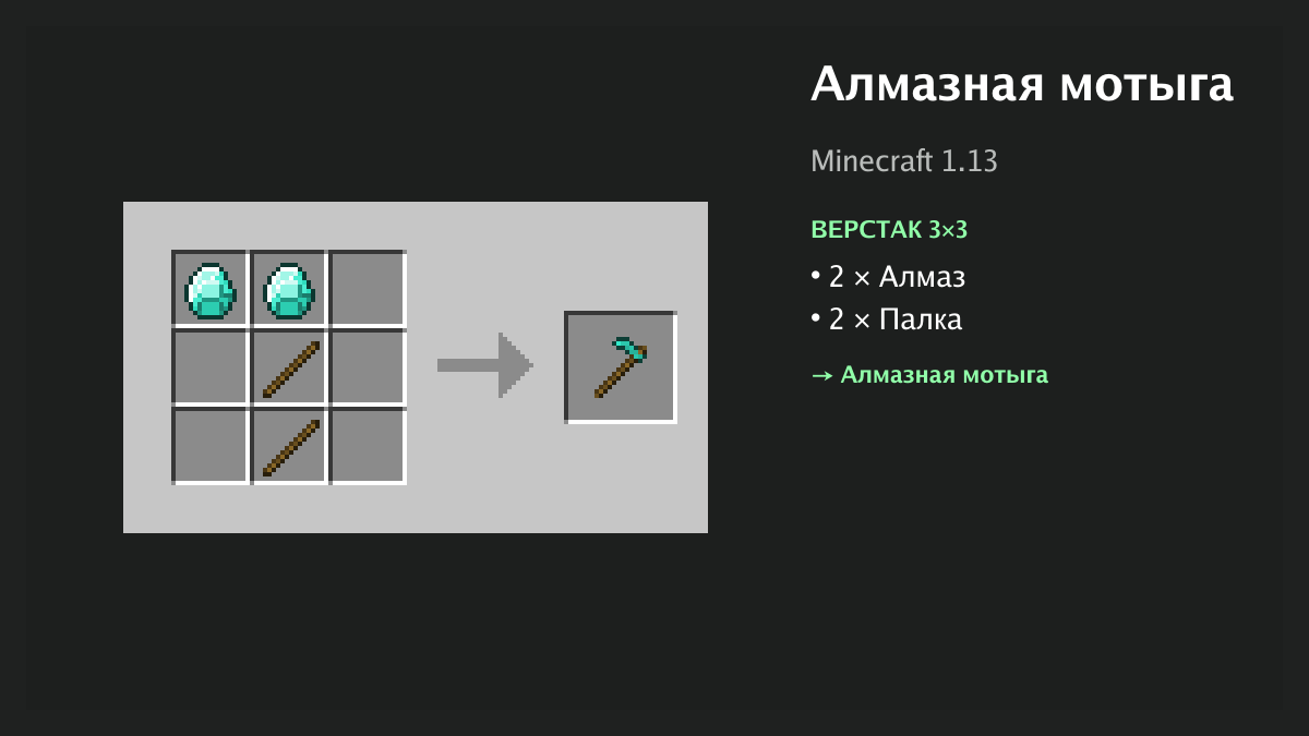 Рецепт: алмазная мотыга в Minecraft — 2 × алмаз, 2 × палка (верстак 3×3)