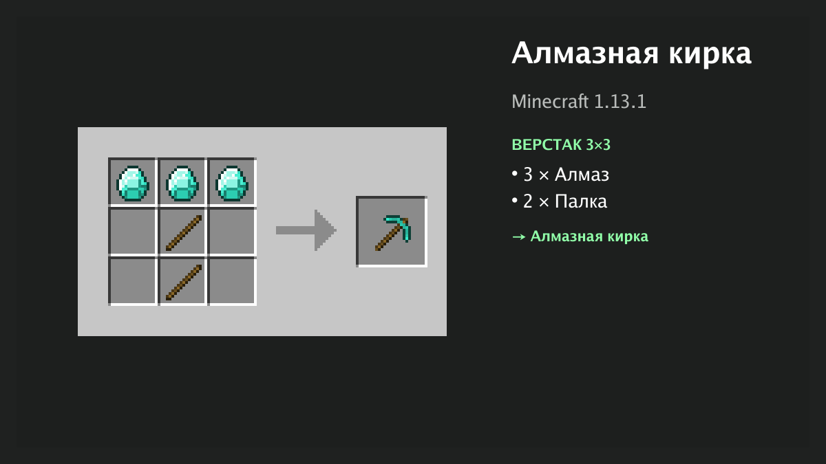 Рецепт: алмазная кирка в Minecraft — 3 × алмаз, 2 × палка (верстак 3×3)