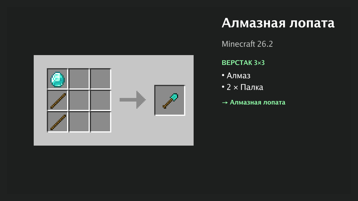Рецепт: алмазная лопата в Minecraft — алмаз, 2 × палка (верстак 3×3)