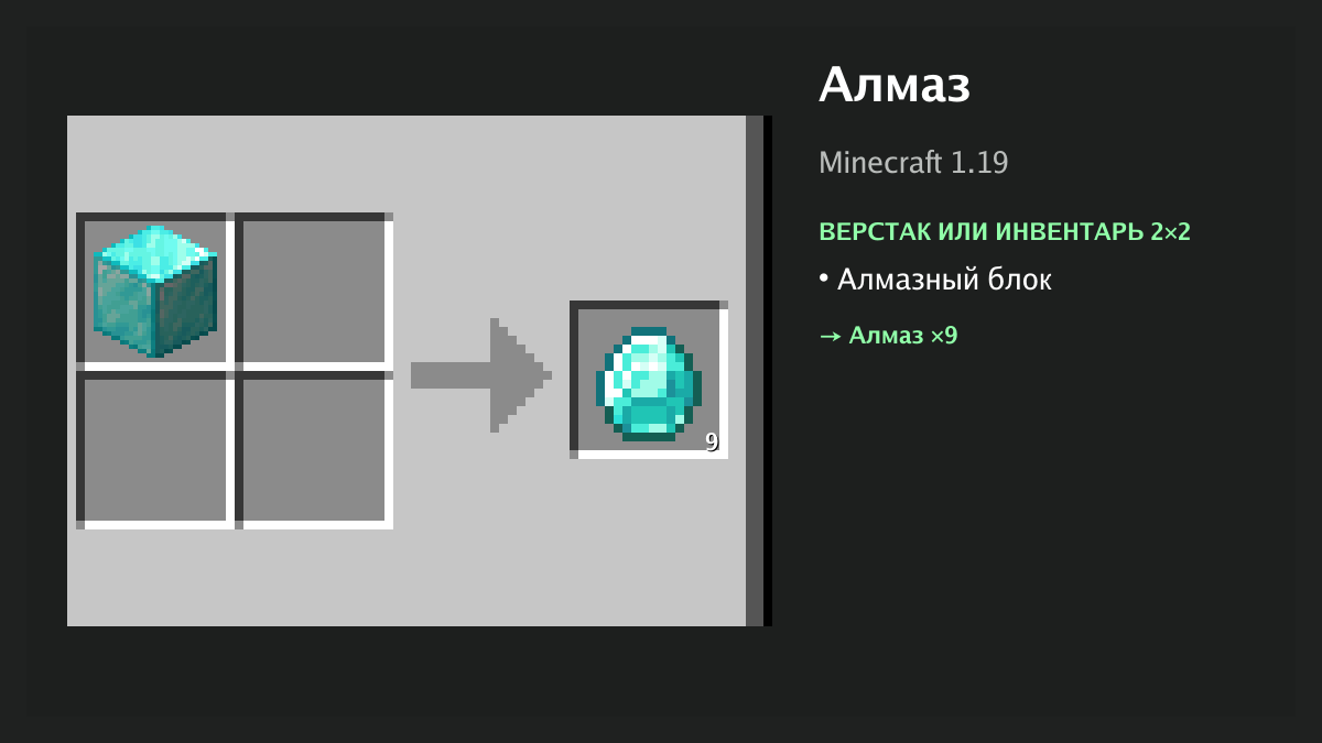 Рецепт: алмаз в Minecraft — алмазный блок (верстак или инвентарь 2×2)