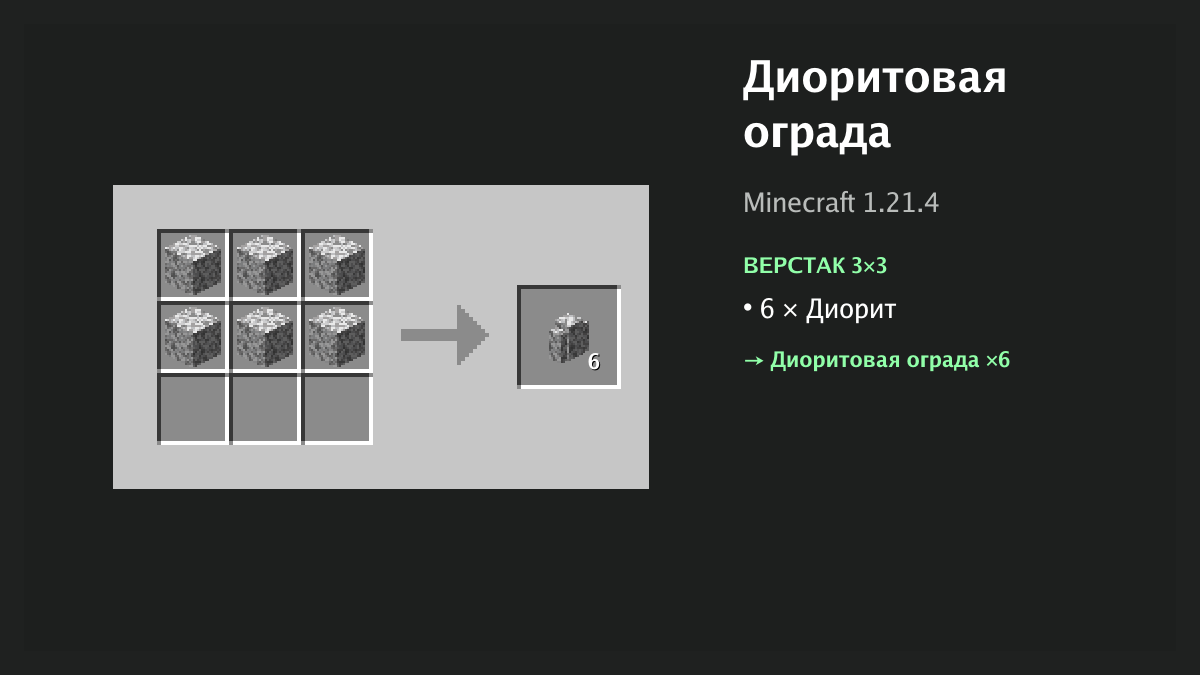 Рецепт: диоритовая ограда в Minecraft — 6 × диорит (верстак 3×3)