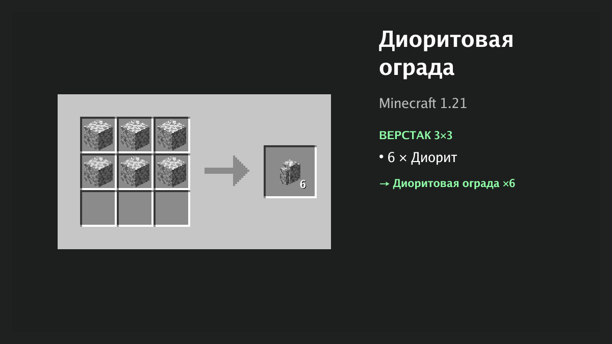 Рецепт: диоритовая ограда в Minecraft — 6 × диорит (верстак 3×3)
