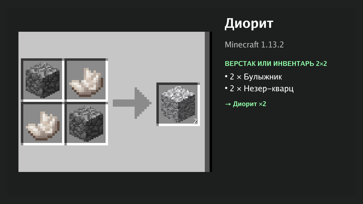 Рецепт: диорит в Minecraft — 2 × булыжник, 2 × незер-кварц (верстак или инвентарь 2×2)