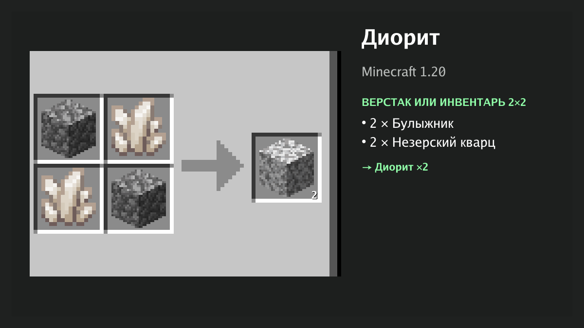 Рецепт: диорит в Minecraft — 2 × булыжник, 2 × незерский кварц (верстак или инвентарь 2×2)